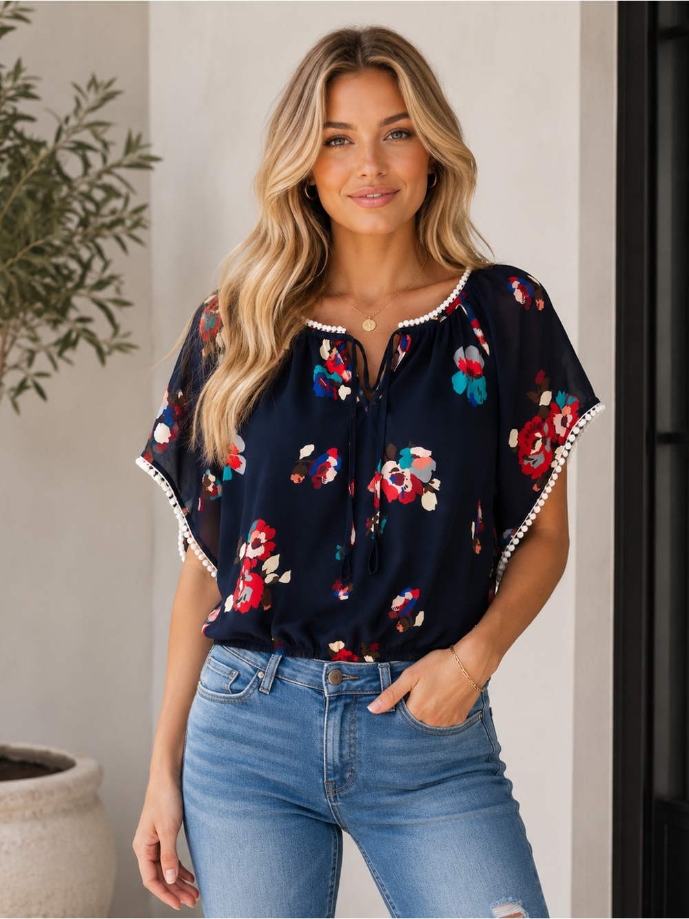 American Eagle Floral Semi-Sheer Dolman Sleeve Blouse Sz S Pom-Pom Trim
